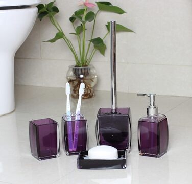Bathroom Accessories, 5-Piece Set, Resin/Acrylic, Complete Set, Lotion/Soap Dispenser, Soap Dish, Toothbrush Holder, Cup, Toilet Brush and Holder, Modern Bathroom Decor and Gift Set, (Purple)