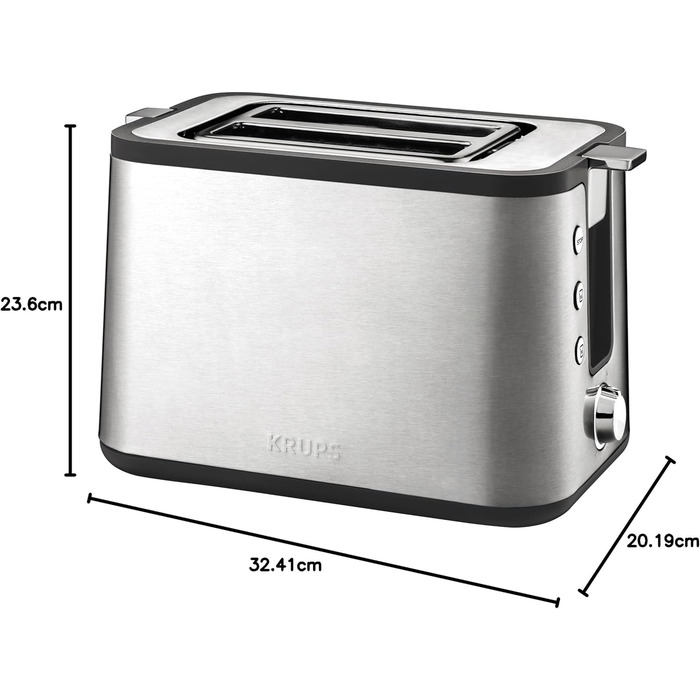 Krups KH442D Control Line Premium Toaster | Stainless Steel | 2 Short Slots for 2 Slices | Bagel Attachment | 6 Browning Levels | 850 W | 23.6 x 32.4 x 20.2 cm | Silver/Black