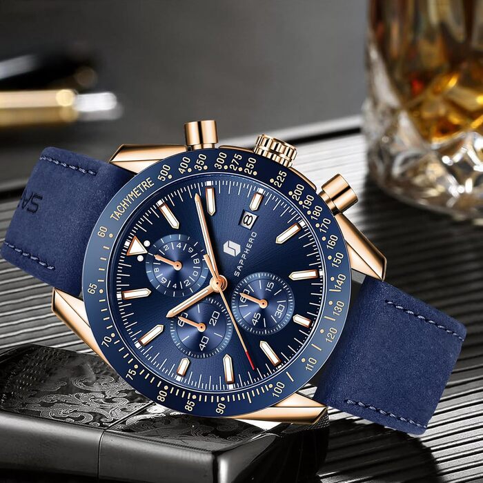 Годинник чоловічий BENYAR з коричневим шкіряним ремінцем, кварцовий хронограф, дата, календар, водостійкий, спортивний, з блакитним циферблатом (золотий корпус)