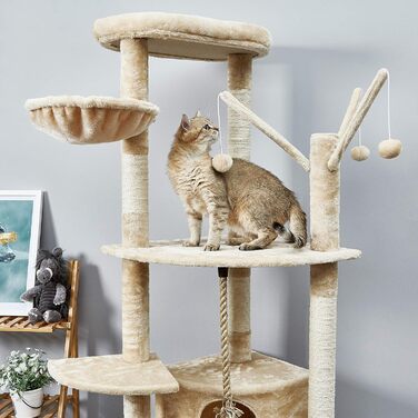 Котячий будиночок Meerveil з когтеточкою, 167 см, XL, з гамаком та печерами, бежевий