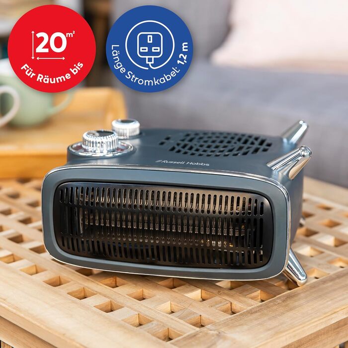 Тепловий вентилятор Russell Hobbs Retro RHRETHFH1001G, 1800 Вт, з термостатом та 2 режимами нагріву, сірий (до 20 м²)