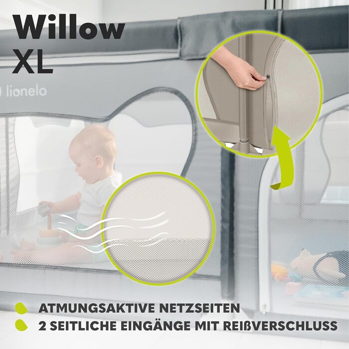 LIONELO WILLOW XL Playpen for Baby, suitable from 0-48 months, large area 187 cm x 207 cm x 68 cm, baby playpen with breathable mesh side panels, 2 side entrances with a zipper.
