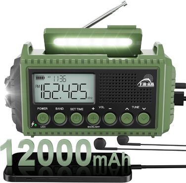 Радіо на батареї 12000mAh | Радіо з ручкою та сонячною панеллю | AM/FM/SW, SOS, USB-C | Водонепроникне IPX4, ліхтарик, для кемпінгу та відпочинку на природі