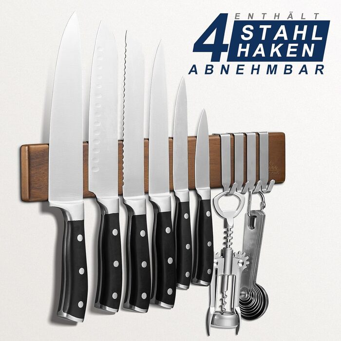ENOKING Magnetic Knife Rail 40 cm, Magnetic Knife Block without Knives, Magnetic Knife Holder made of Acacia Wood with 4 Hooks