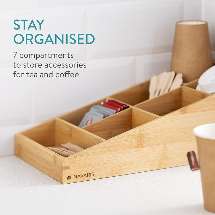 Navaris Coffee Dispenser Organizer - Accessory Storage - Coffee Bar for sugar, milk, napkins, capsules - Coffee Station with 7 Compartments (7 Compartments, Light Brown)