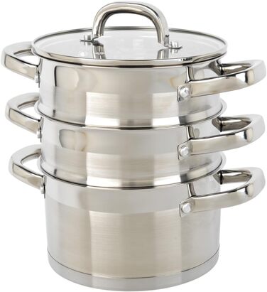 Salter Timeless 3-рівневий паровар з нержавіючої сталі – 18 см, з ручками та скляною кришкою, антипригарне покриття, для індукційних плит