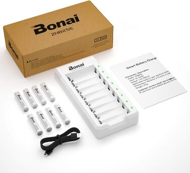 Зарядний пристрій BONAI для акумуляторів AA/AAA NI-MH з LED дисплеєм та USB, 8 слотів, швидка зарядка
