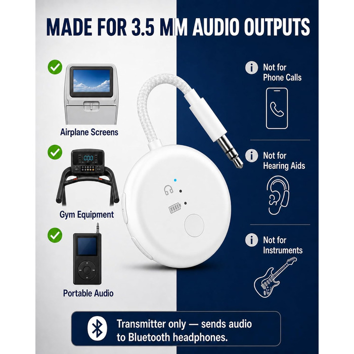 Bluetooth-адаптер для літака Avantree SoundJet R1 для AirPods та бездротових навушників, білий, 25 годин роботи