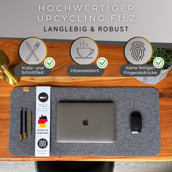 Підкладка на стіл Kontor28® з фетру 80x37.5 см, сіра (urbangrau), виготовлено в Німеччині - захист від ковзання, миється, з переробленого PET