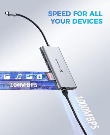 Док-станція USB C з підтримкою 3 моніторів, хаб з Ethernet, HDMI, VGA, PD3.0, SD/TF кардридер та 4 USB порти, сумісна з MacBook та Windows (UCN3270)