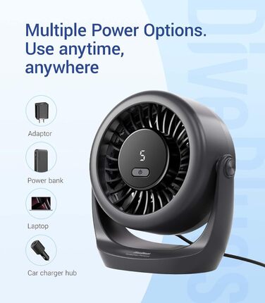 USB Turbo вентилятор для столу Diveblues TurboBreeze Klassisch: тихий, потужний, з LED-дисплеєм, 5 швидкостей, 360° обертання, портативний для дому, офісу та відпочинку – чорний
