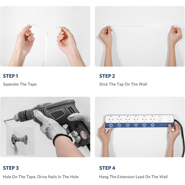 Мережевий фільтр BESTEK з 6 розетками, 4 USB, захистом від перенапруги 900 Дж, вимикач, синій та білий