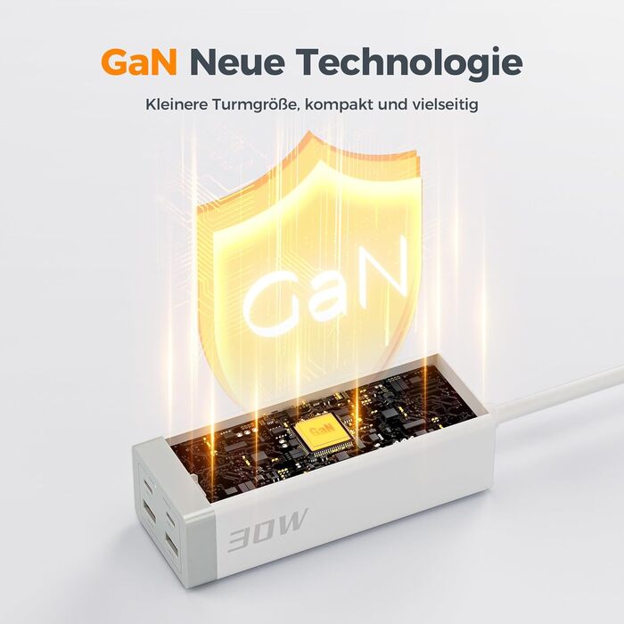 TESSAN Розподільник розеток USB-C 30W з GaN, 2 розетки, 2м кабель, захист від перенапруги 3600W, білий