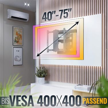 Настінне кріплення для телевізора RICOO 40-75 дюймів поворотне, VESA 400x400, до 50 кг, для LED, OLED, LCD