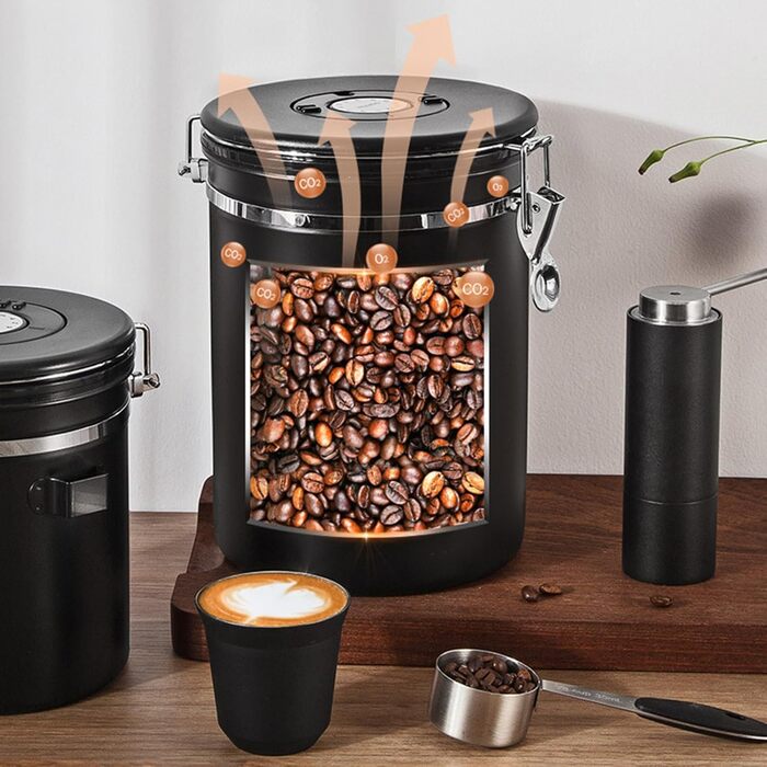 Кавовий контейнер ZONJIE 2.8л з нержавіючої сталі, вакуумний, з CO2-вентилем та датчиком дати, для 1 кг кавових зерен