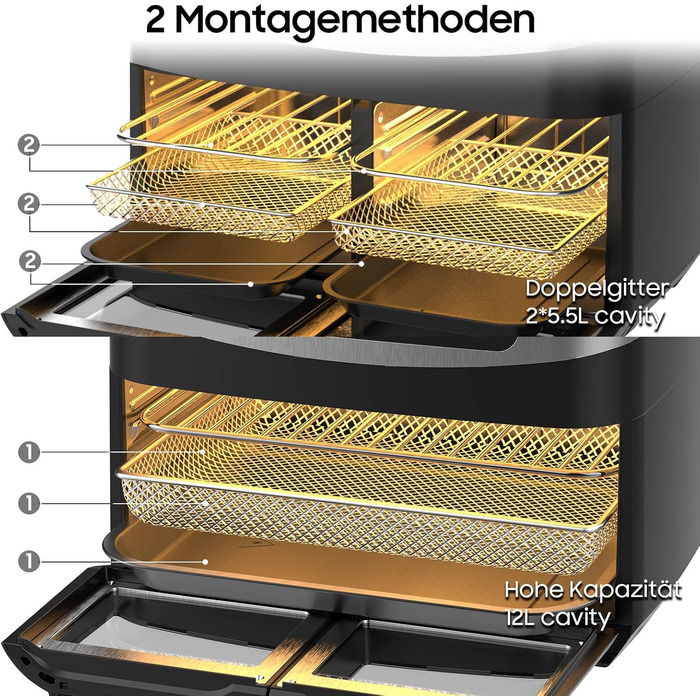 Фритюрниця повітряна подвійна 12л з подвійними камерами, LED-дисплеєм та вікном, 10 програм, функція сушки, 2600W