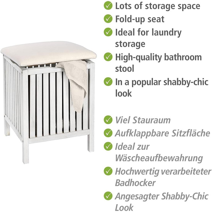 WENKO Badhocker Norway with Laundry Hamper, Storage Ottoman with Padded and Flip-Up Seat as Lid, Solid Walnut Wood, Oiled, Capacity 65 L, (W x H x D): 39 x 52 x 39 cm, Natural (White)