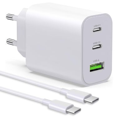 Зарядний пристрій USB-C 65W 3-порти, мережевий адаптер PD для MacBook Pro/Air, iPhone 16/15/14/13, iPad, Samsung S24, Pixel (Білий)