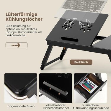 Столик для ноутбука COSTWAY з бамбука, регульований по висоті та куту нахилу, з вентиляцією, з ящиком, складний, для ліжка, читання, сніданку, 53 x 33 x 20-26,5 см (колір: коричневий)