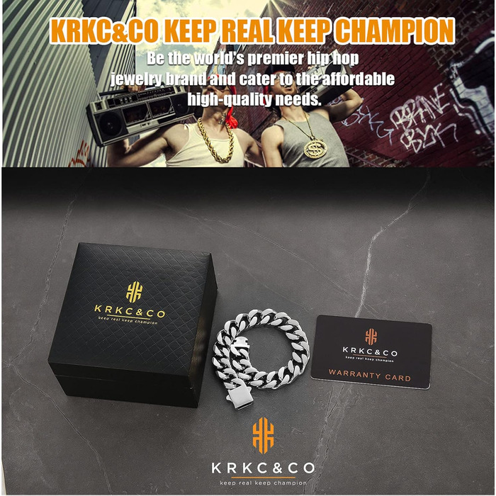 Чоловічий браслет KRKC&CO, кубинський ланцюг, 18 мм, Miami Iced Out, кубинське панцерне з'єднання, 18-каратне золото, міцний, Urban Streetwear, браслет у стилі хіп-хоп для чоловіків (срібний, 14 мм, 22.9 см)