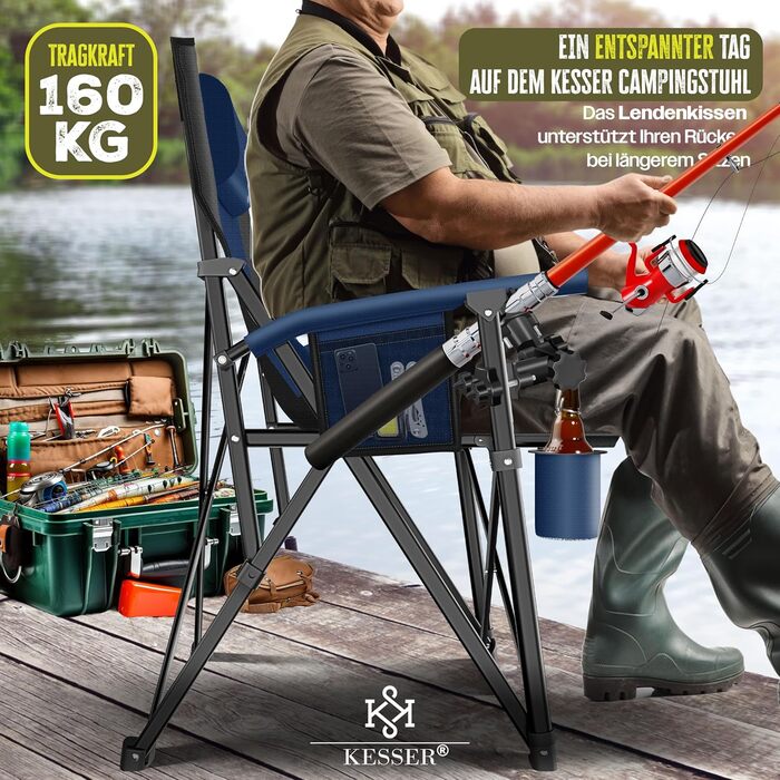 Крісло для кемпінгу KESSER® з високою спинкою, 160 кг, з підлокітниками, тримачем для напоїв та світлом, Navy Blue/Black