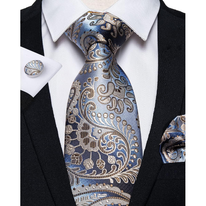 Комплект краватка, хустинка та запонки DiBanGu Paisley (блакитно-бежевий) - шовковий жакард для ділового стилю