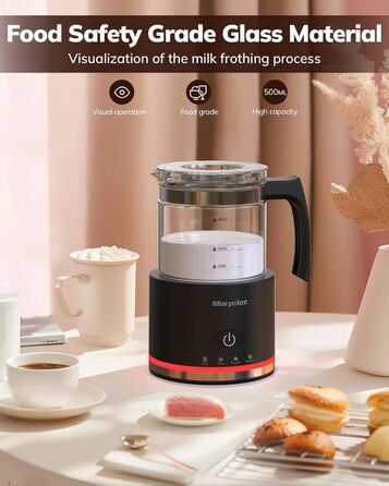 Morpilot Milk Frother Electric, 500ml 600W, 4 in 1 Milk Frother for Hot and Cold, Dishwasher Safe, Visual Glass, Latte Design, White (Black)