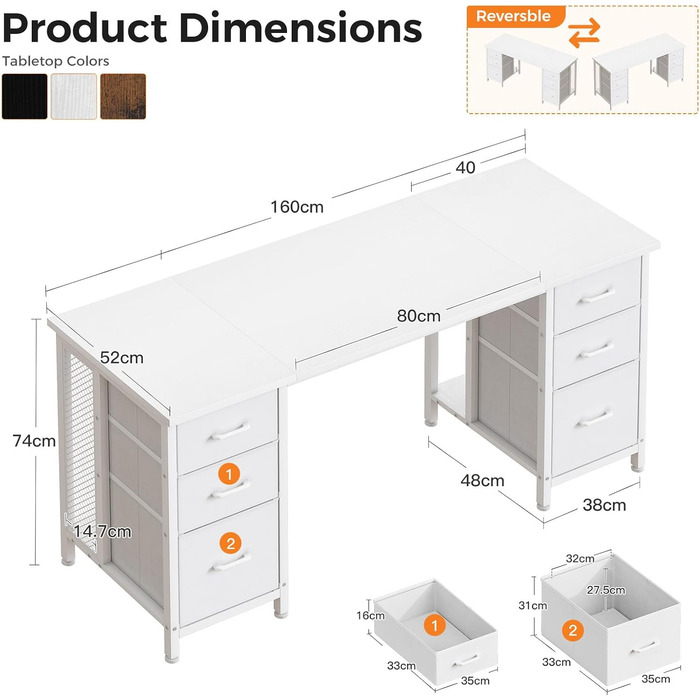 Комп'ютерний стіл Coleshome з 6 шухлядами 160x52 см, білий для дому та офісу