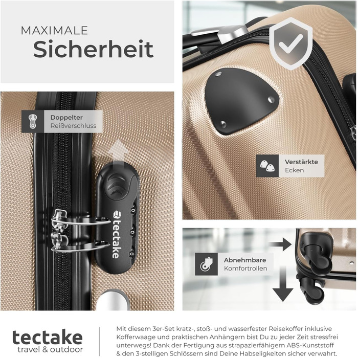 Набір валіз Tectake (M-L-XL) з ваговою та ідентифікатором, ABS, телескопічна ручка, Champagner