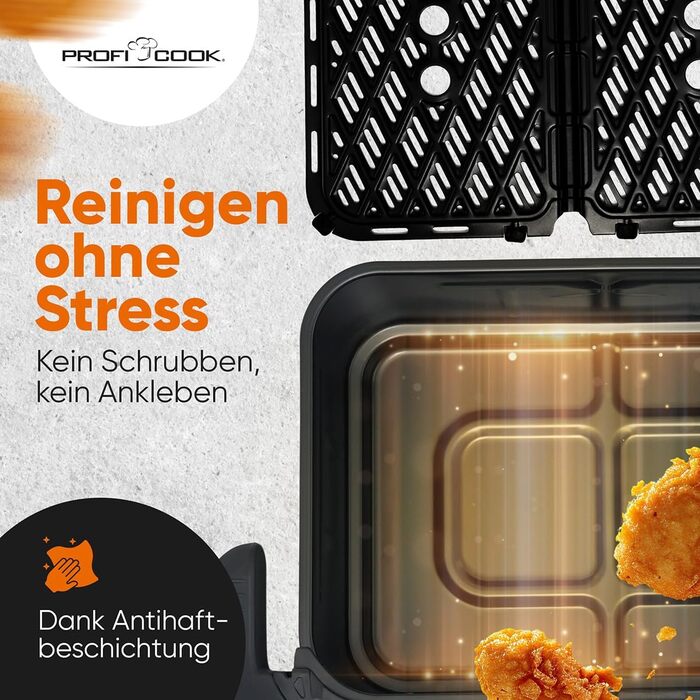 Фритюрниця повітряна ProfiCook XXL з 10л, 2 камери, сенсорне управління, 10 програм, 80-200°C, чорна