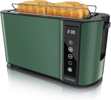 Тостер Arendo з нержавіючої сталі, 4 слоти, сенсорний екран, подвійні стінки, 1500 Вт, підставка для булочок, 7 рівнів підсмажування, центрування хліба, таймер, пам'ять, індикатор E: Green
