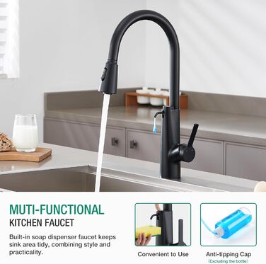 Кран кухонний CREA Wasserfall висувний з дозатором мила, нержавіюча сталь, 360° оберт, 4 режими, матовий чорний