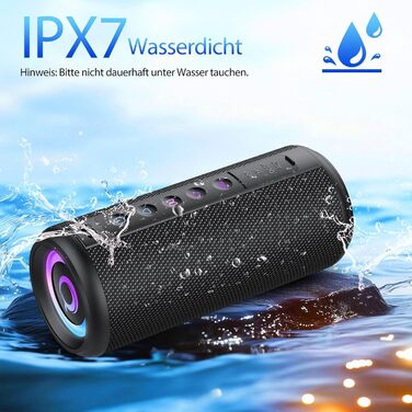 Bluetooth колонка 2026 з RGB підсвіткою, портативна, водонепроникна IPX7, з мікрофоном, для дому, саду та подорожей, чорна