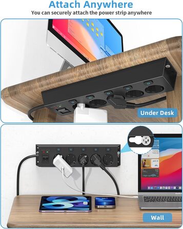 Мережевий фільтр Steckdoseleiste 5-fach з вимикачами, захистом від перенапруги 1050J, для дому та офісу, 2м кабель (чорний)