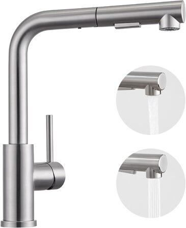 Кухонний змішувач висувний BONADE з душем, 360° поворот, змішувач для кухні з 2 струменями, з нержавіючої сталі, однорідний