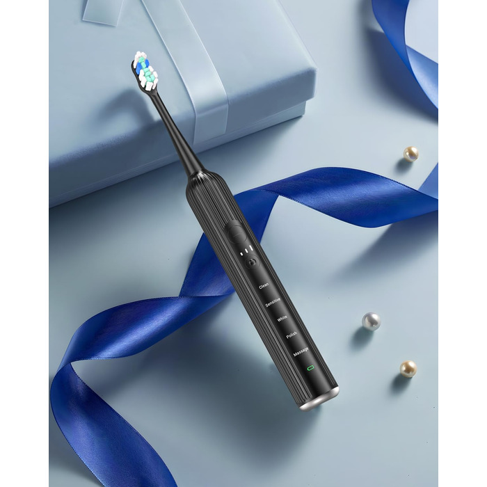 Електрична звукова зубна щітка для дорослих та дітей, 5 режимів чищення, 3 рівні інтенсивності, таймер, 8 насадок, чохол для подорожей, акумуляторна, чорний Obsidianschwarz