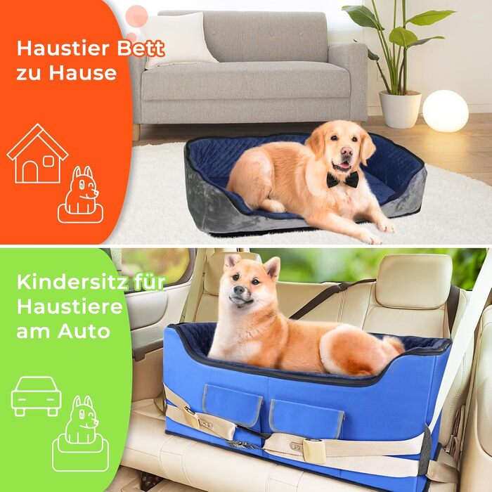 Stable Multi-Pet Car Seat Booster with Safety Belt for Medium Dogs, Washable & Large Capacity Reinforced Dog Basket for Rear Seat (Blue, L)