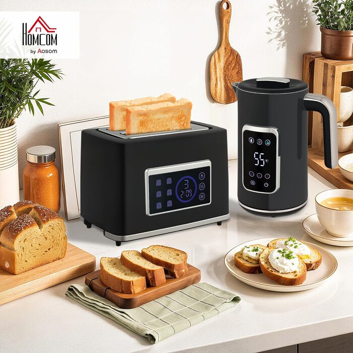 Набір для сніданку HOMCOM: чайник 1.7л з нержавіючої сталі та тостер на 2 тости з 6 рівнями підсмажування, LED-сенсорна панель, 2200W, функція розморожування, підігріву, зйомний піддон для крихт, кремово-білий (чорний)