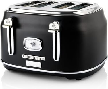 Тостер Westinghouse Retro на 4 скибки, знімна решітка для булочок, 6 режимів підсмажування, функції розморожування, підігріву та зупинки, центрування хліба, індикатор, висувний піддон для крихт, чорний