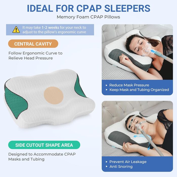 Подушка з піни Memory Foam для CPAP апарату Elviros для тих, хто спить на боку, ергономічна, регульована по висоті та жорсткості, сумісна з різними масками