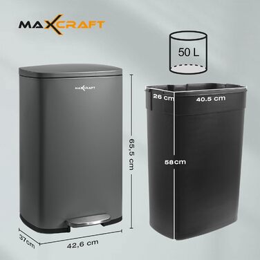 Сталевий відро для сміття з педаллю, 50 літрів, з внутрішнім відром з пластику, з м'яким закриттям, для кухні, ванної кімнати або офісу, сірий колір