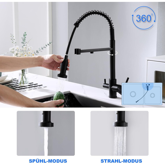 3-х стороння кухонна змішувач з поворотним гусаком 360°, 2 функції (з душем), 3 в 1, для фільтрів, з нержавіючої сталі та латуні, чорний