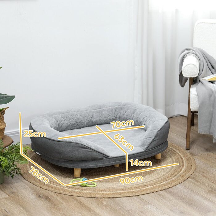 PawHut Софа для собак та котів, сіра, 90x78x25 см, з підголівником та дерев'яними ніжками