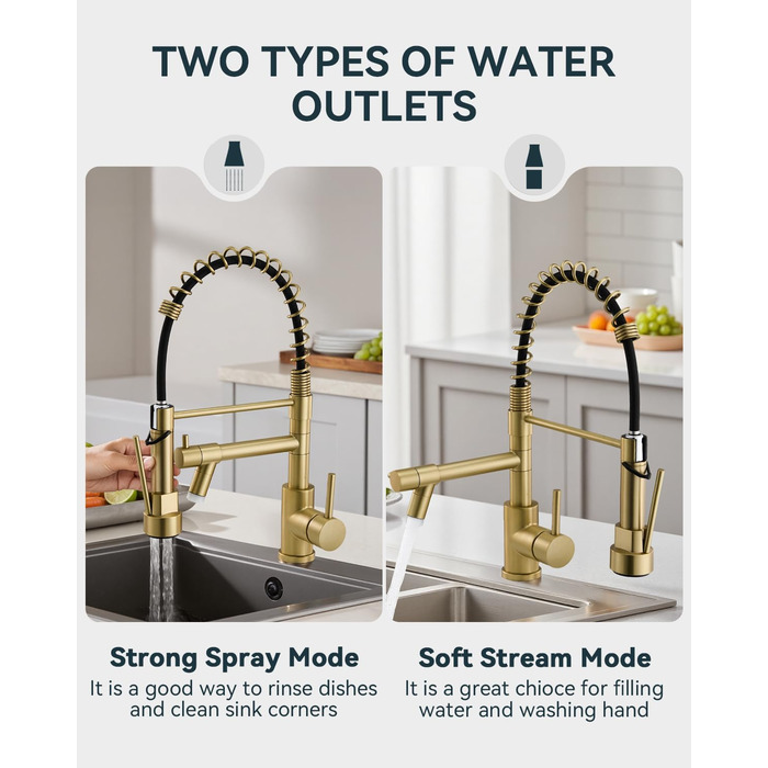 Кран кухонний LED Warmiehomy професійний, 360° поворотний, з двома виливами, високий вигин, спіральна пружина, для мийки, з нержавіючої сталі (золотий)