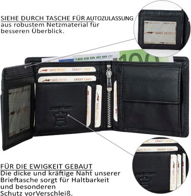 Marc Peter® Genuine Leather Wallet Hanover | Wallet for Men with RFID Protection | Large 10 Compartment Card Holder | Black Nappa Wallet