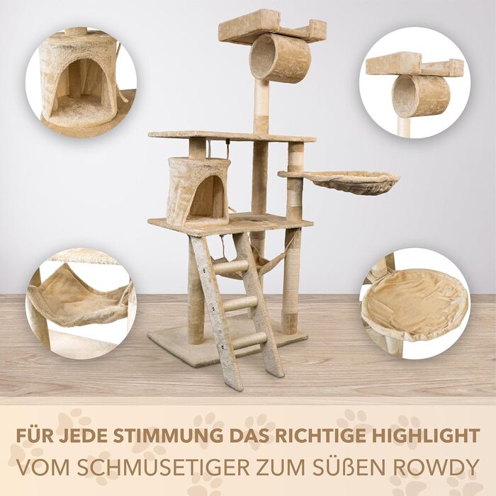 Кігтеточка для котів Foxdevil від xonic® - багатофункціональна кігтеточка з оглядовою платформою, гамаком, затишною печерею, іграшковою шнуркою, сходами – 141 см – (Бежевий V1)