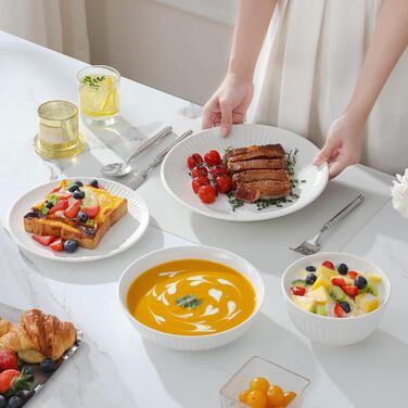 MALACASA LEILA Набір посуду на 6 осіб, 24 елементи: тарілки, миски, порцеляна, ручна робота, для мікрохвильовки та посудомийної машини, білий