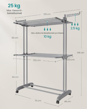 Сушарка для білизни SONGMICS BUNJI LLR704G01: розсувна, 4 яруси, з колесами та складаними крилами, велика, сіра (63.5 x 131-200 x 177.5 см)
