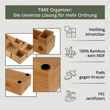 TAKE® 6-Piece Drawer Organizer Set made of 100% Natural Bamboo - Boxes in various sizes for Kitchen, Bathroom & Office, Vanity Organizer, Drawer Organizer