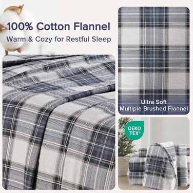 Comfort Spaces Cotton Flannel Sheet Set with Pillowcases, Breathable, Warm, Deep Pocket, for King Size Beds, Blue Tartan, Scottish Plaid Pattern, 4-Piece
